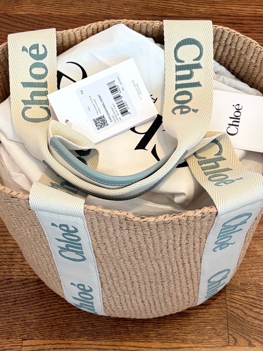 Chloe Woody Large Basket Tote - Color: Bluish Green - Picture 2 of 10